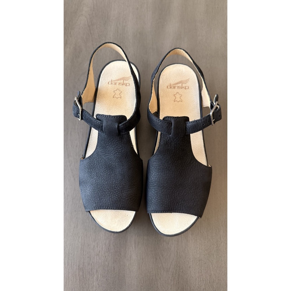 Dansko Sandals Womens Size 10 Black Leather Wedge Slingback Buckle 2219101400